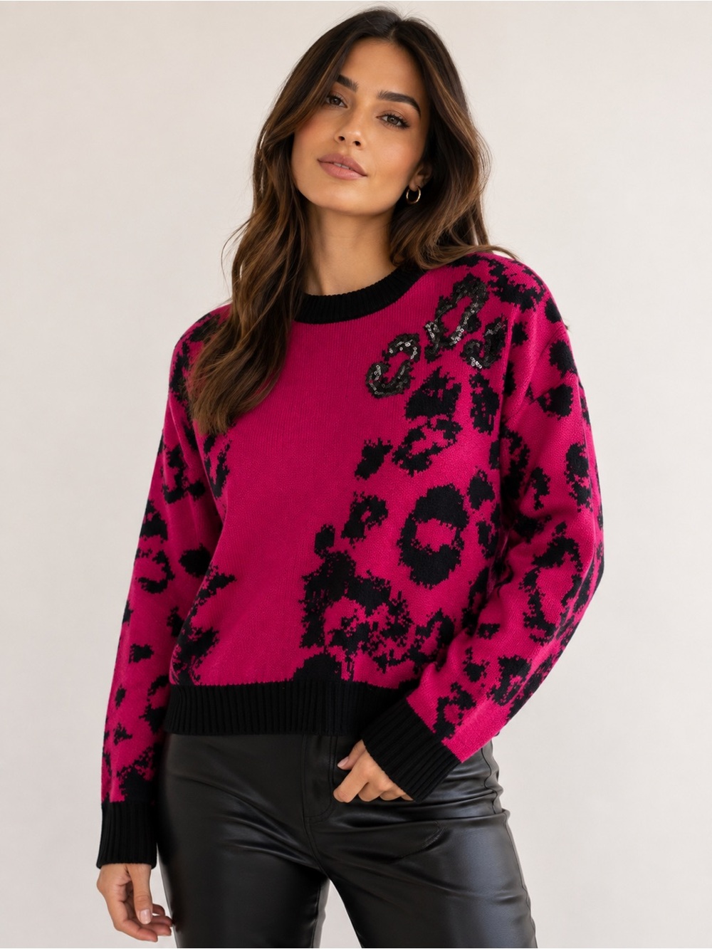 DKNY Pink & Black Animal Print Sequin Sweater – Size M